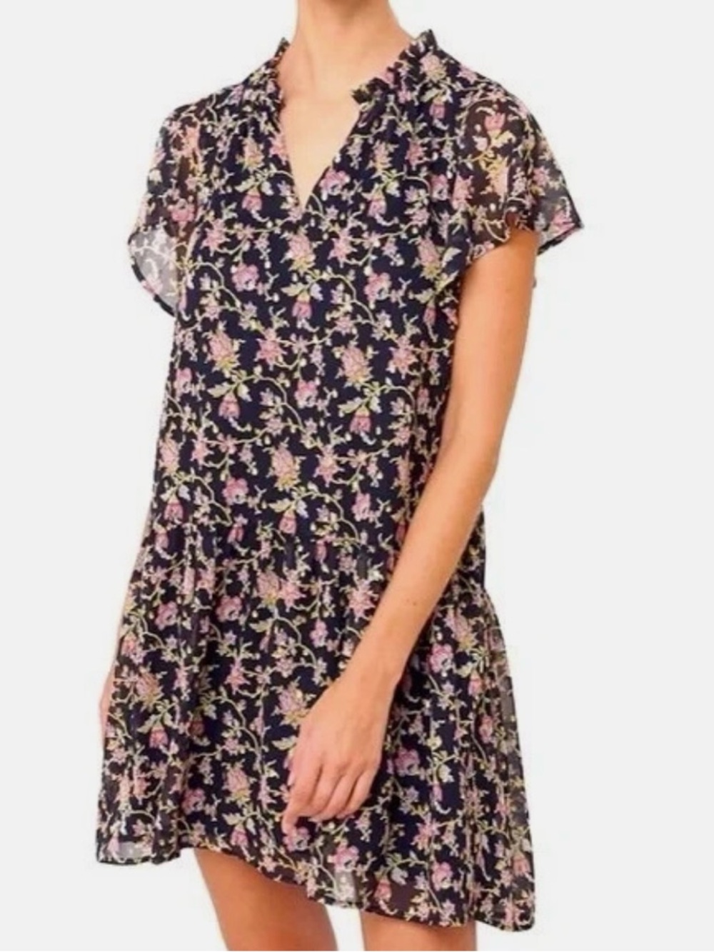 LOFT Black Floral V-Neck Flutter Sleeve Mini Dress